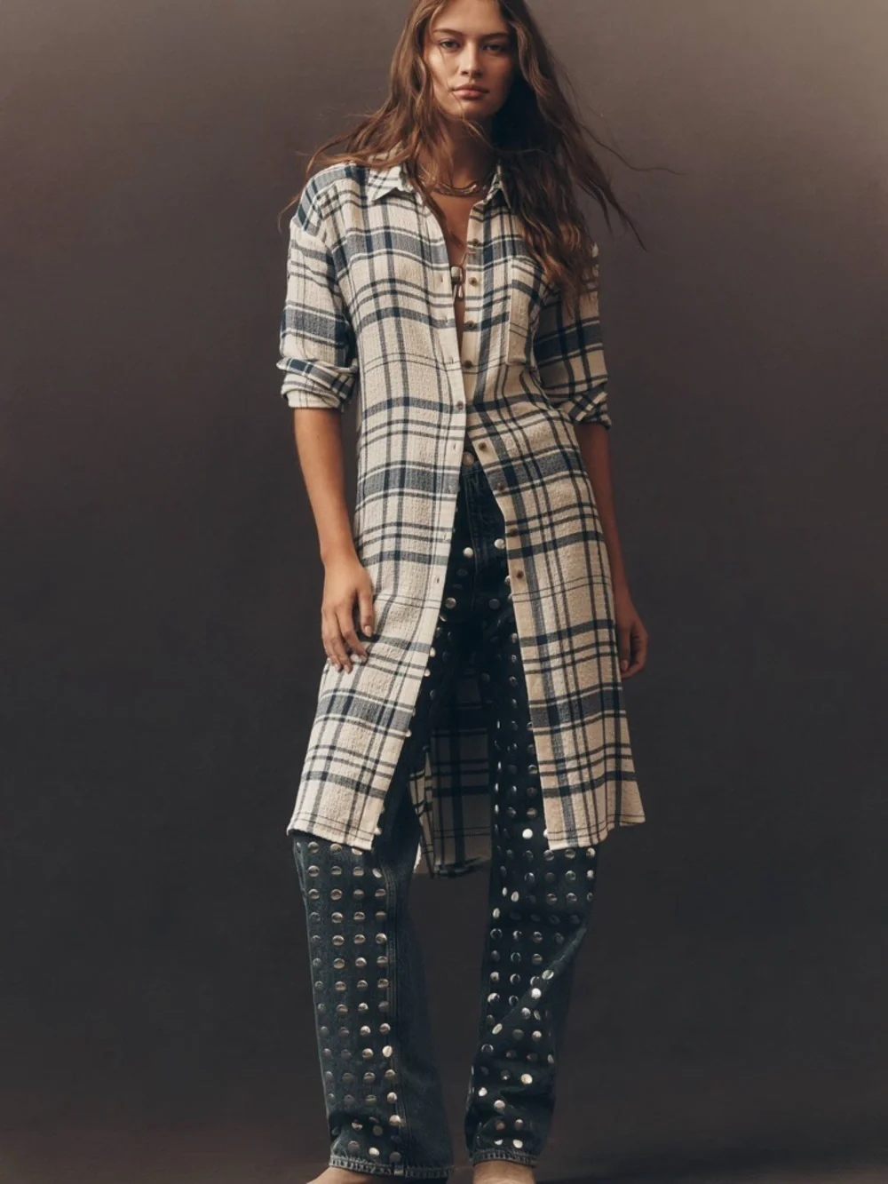 Pilcro Cream and Navy Long-Line Button Front Plaid High-Low Shirt Dress
